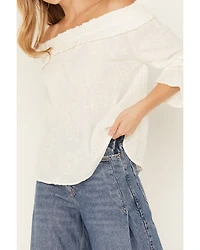 Wild Moss Women's Embroidered Floral Off The Shoulder Long Sleeve Top
