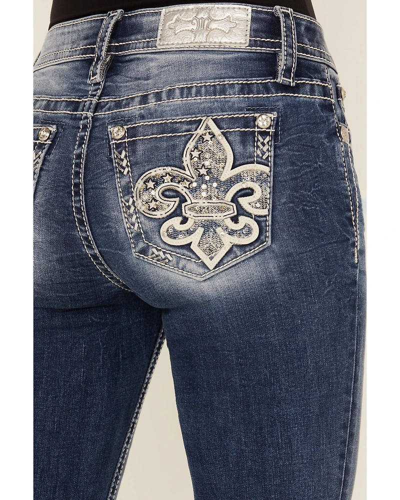Miss Me Women's Medium Wash Mid Rise Fleur de Lis Pocket 32" Bootcut Stretch Denim Jeans