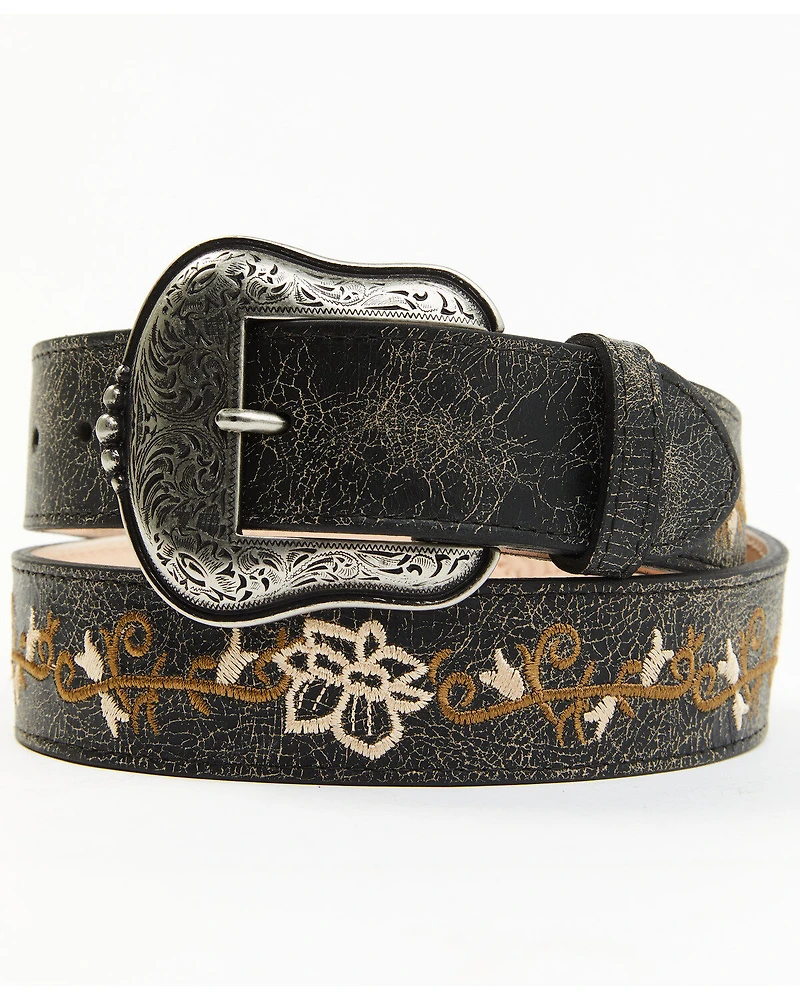Shyanne Women's Floral Cream Embroidery Black Western Belt