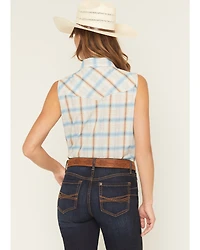 Ely Walker Women's Bow Embroidered Plaid Print Sleeveless Pearl Snap Western Shirt
