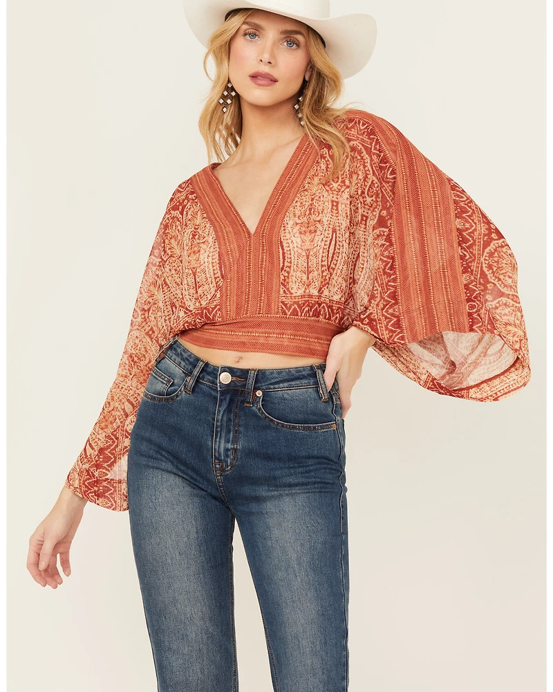 Beyond The Radar Women's Mesh Printed Long Sleeve Crop Top