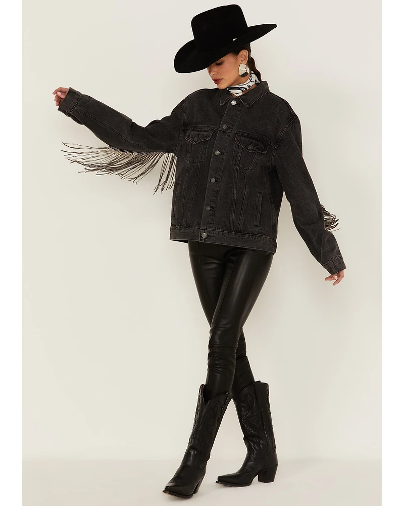 The Andy Jacket by DanielXDiamond: Women's Gray Denim With Gunmetal Fringe