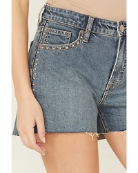 Rock & Roll Denim Women's Medium Wash High Rise Studded Cut-Off Stretch Shorts