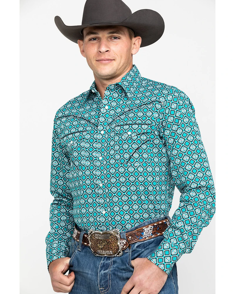 Rock 47 By Wrangler Men's Teal Geo Print Long Sleeve Western Shirt