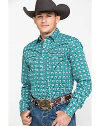 Rock 47 By Wrangler Men's Teal Geo Print Long Sleeve Western Shirt