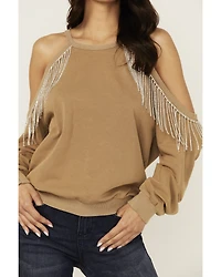 Blue B Women's Rhinestone Fringe Cold Shoulder Sweatshirt