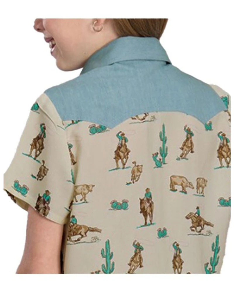 Roper Girls' Cow Print Denim Color Block Short Sleeve Button-Down Western Shirt