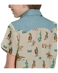 Roper Girls' Cow Print Denim Color Block Short Sleeve Button-Down Western Shirt