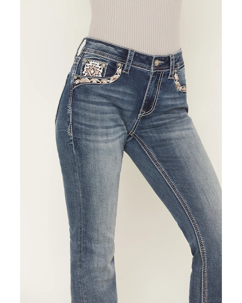 Grace LA Women's Medium Wash Mid Rise Embellished 32" Bootcut Stretch Denim Jeans