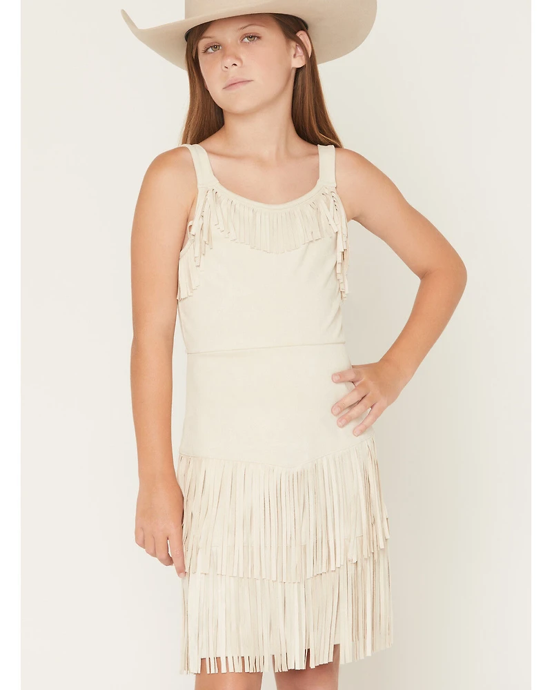 Shyanne Girls' Solid Faux Suede Fringe Sleeveless Dress