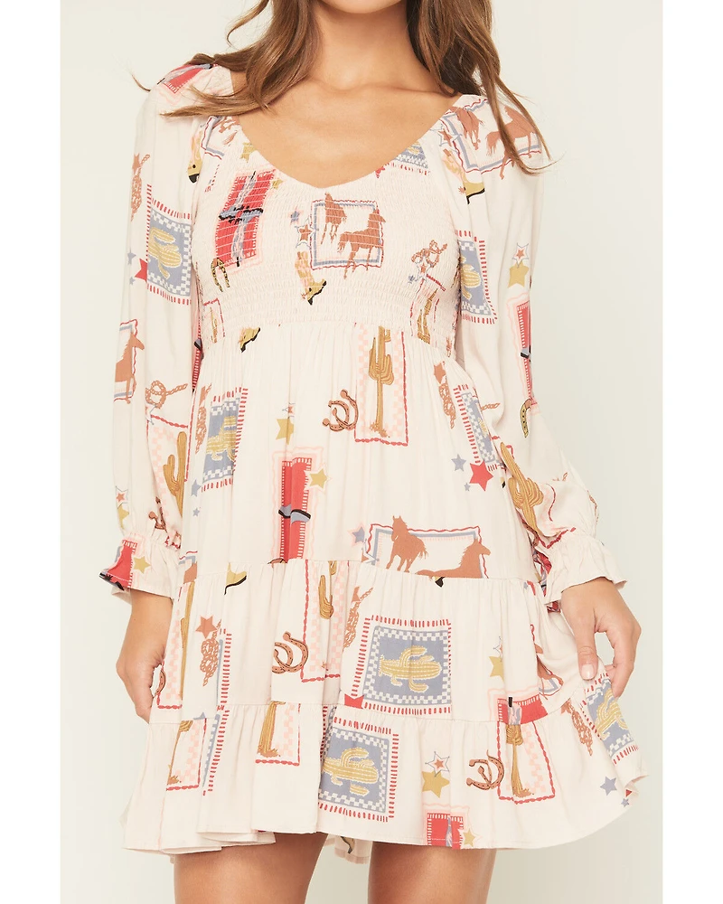 Blue B Women's Western Print Long Sleeve Mini Dress