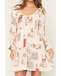 Blue B Women's Western Print Long Sleeve Mini Dress