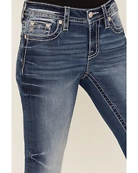 Miss Me Women's Dark Wash Mid Rise Cross Pocket Slim 32" Bootcut Stretch Denim Jeans