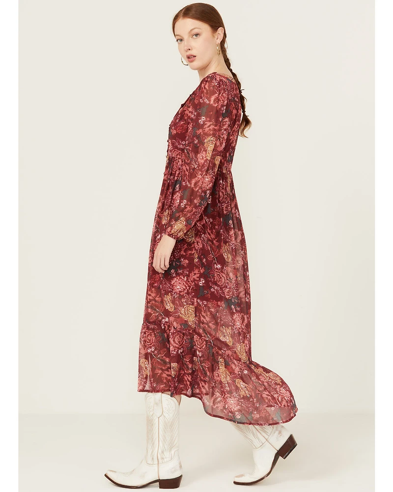 Beyond The Radar Women's Floral Print Crochet Trim Midi Dress