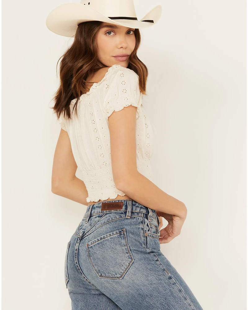 Cleo + Wolf Women's Knit Eyelet Smocked Crop Top