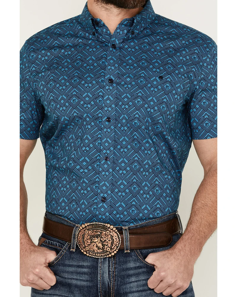 RANK 45® Men's Interlock Plains Abstract Geo Print Short Sleeve Button-Down Stretch Western Shirt