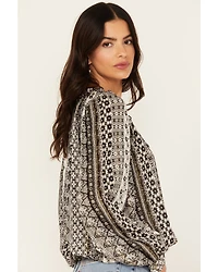 Wild Moss Women's Lurex Striped Long Sleeve Peasant Top