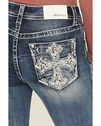 Grace LA Women's Medium Wash Mid Rise Embroidered Cross Bootcut Stretch Denim Jeans