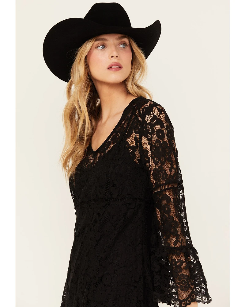 Scully Women's Lace Crochet Long Bell Sleeve Mini Dress
