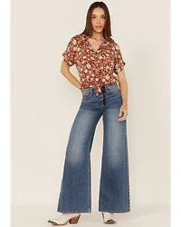Shyanne Women's Floral Print Tie Front Short Sleeve Blouse