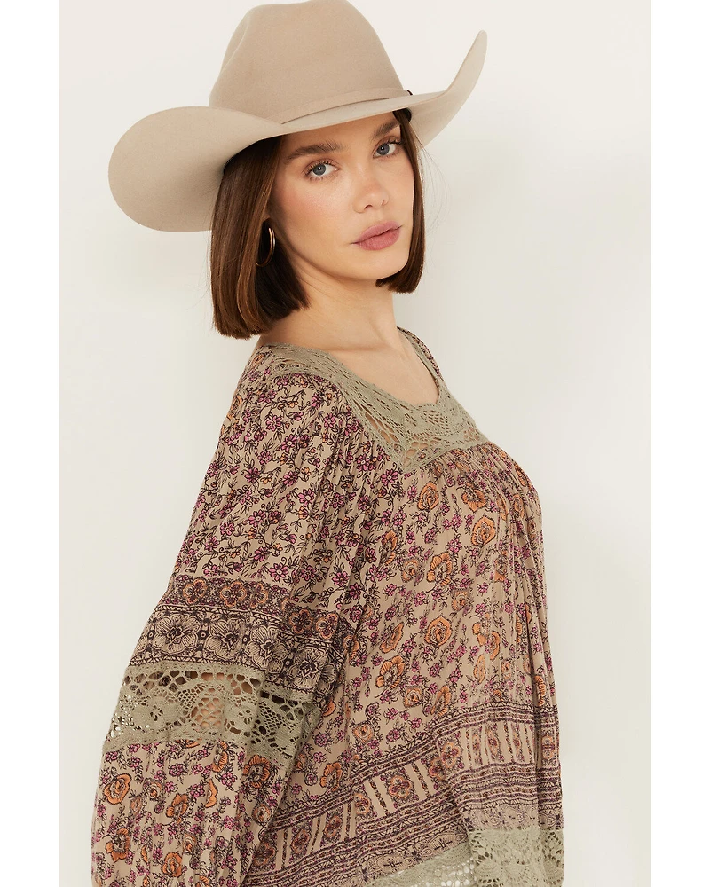 Angie Women's Long Sleeve Macrame Insert Floral Border Print Top