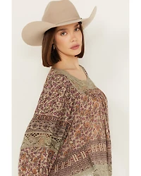 Angie Women's Long Sleeve Macrame Insert Floral Border Print Top