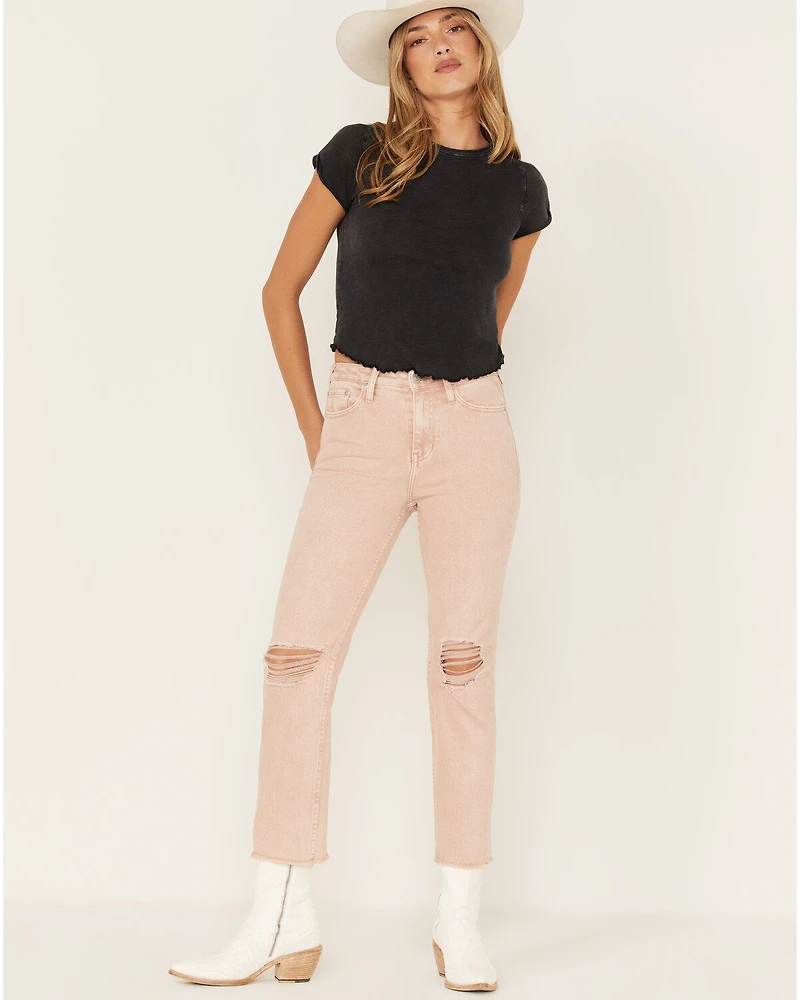 Cleo + Wolf Women's Distressed High Rise Straight Jeans