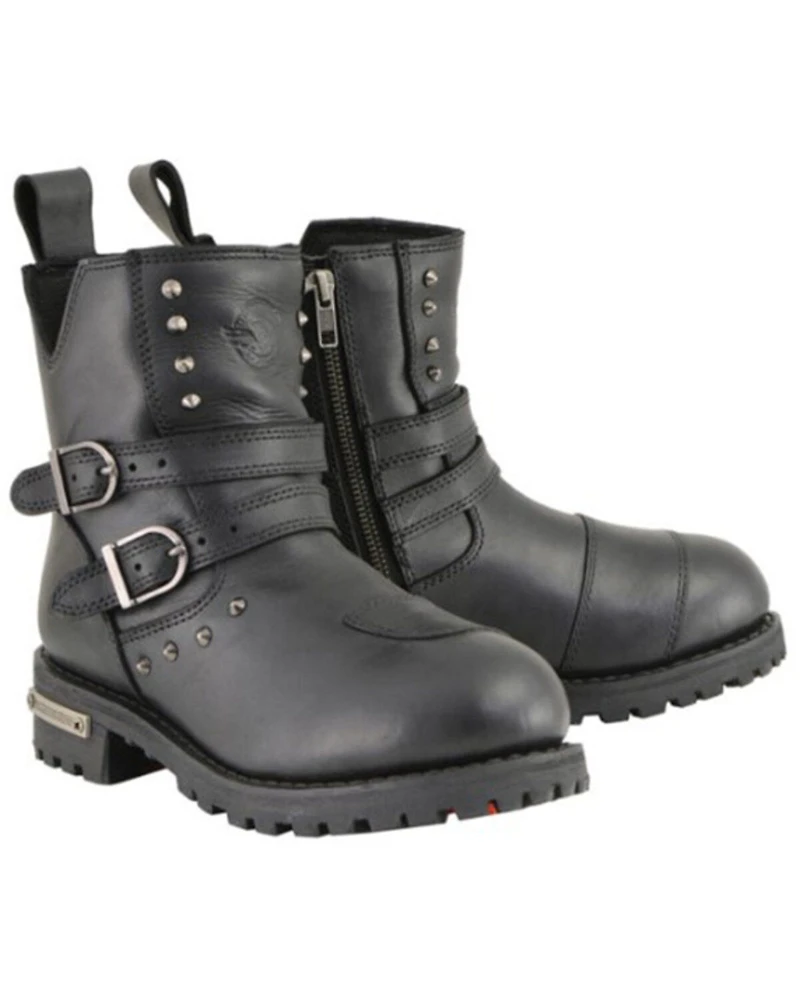 Milwaukee Leather Women's Double Strap Waterproof Studded Boots - Round Toe