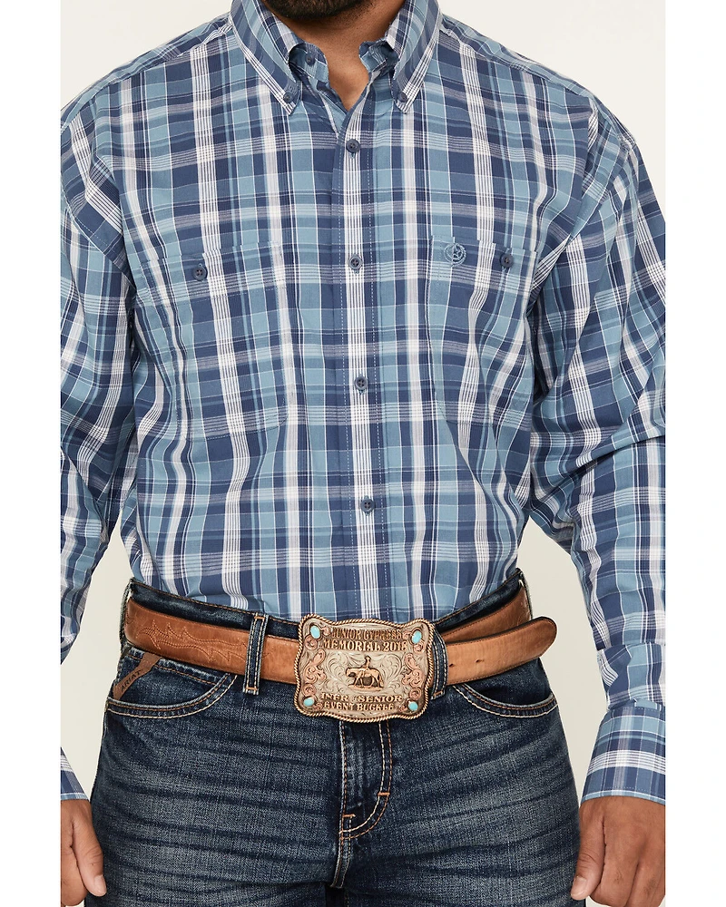 George Strait by Wrangler Men's Plaid Print Long Sleeve Stretch Western Shirt - Big