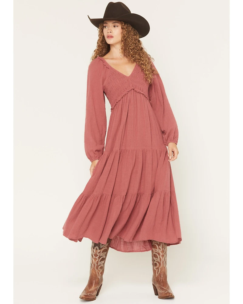 Yura Women's Long Sleeve Smocked Tiered Midi Dress