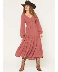 Yura Women's Long Sleeve Smocked Tiered Midi Dress