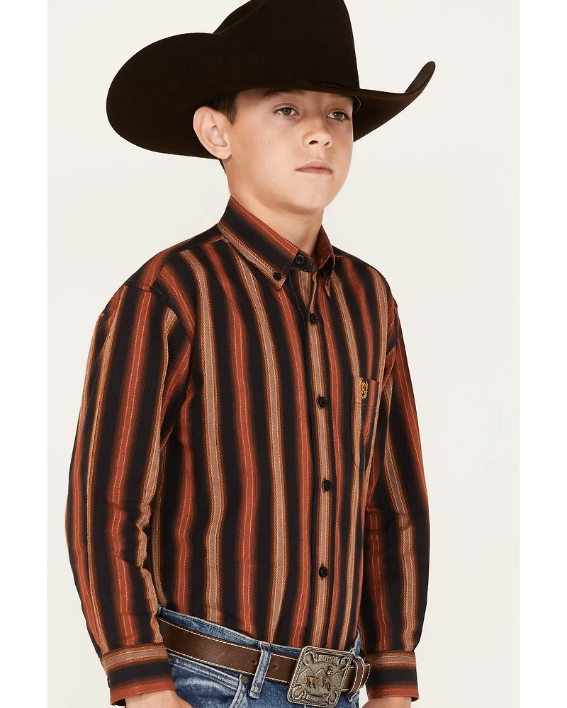 Panhandle Boys' Stripe Print Long Sleeve Button-Down Shirt