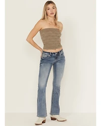 Miss Me Women's Medium Wash Mid Rise Americana Pocket 32" Bootcut Stretch Denim Jeans