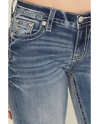 Miss Me Women's Medium Wash Mid Rise Americana Pocket 32" Bootcut Stretch Denim Jeans