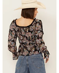 Wild Moss Women's Smocked Front Cold Shoulder Long Sleeve Shirt