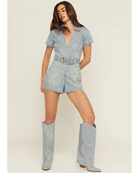 Show Me Your Mumu Women's Medium Wash Dolly Embellished Short Sleeve Denim Romper