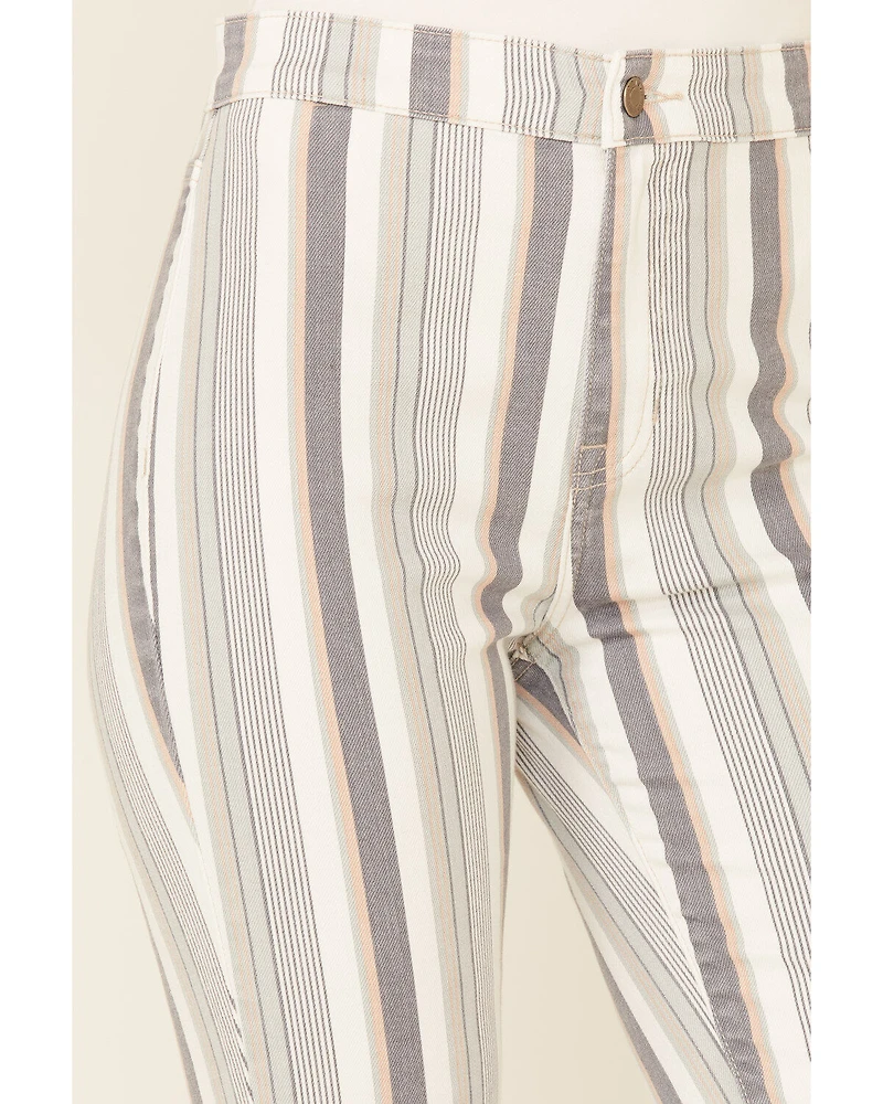 Cello Women's Striped Raw Hem Flare Jeans