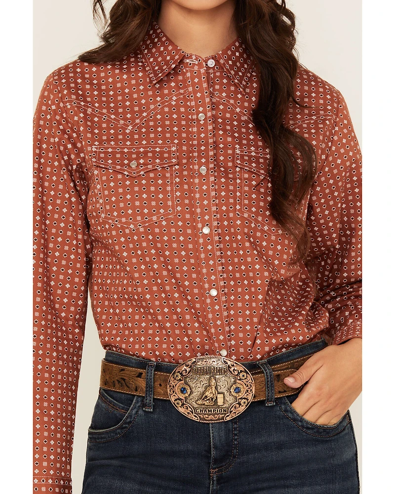Ely Walker Women's Geo Print Long Sleeve Snap Stretch Western Shirt