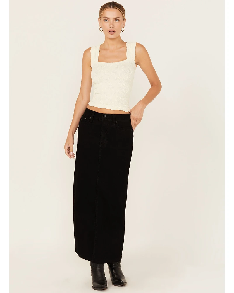 Miss Me Women's Embroidered Pocket Stretch Denim Maxi Skirt