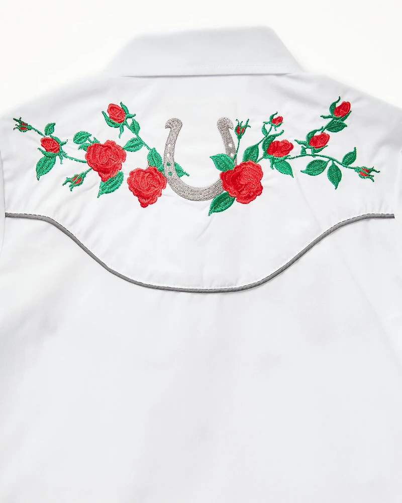 Rodeo Clothing Girls' Rose Horseshoe Embroidered Long Sleeve Pearl Snap Western Shirt