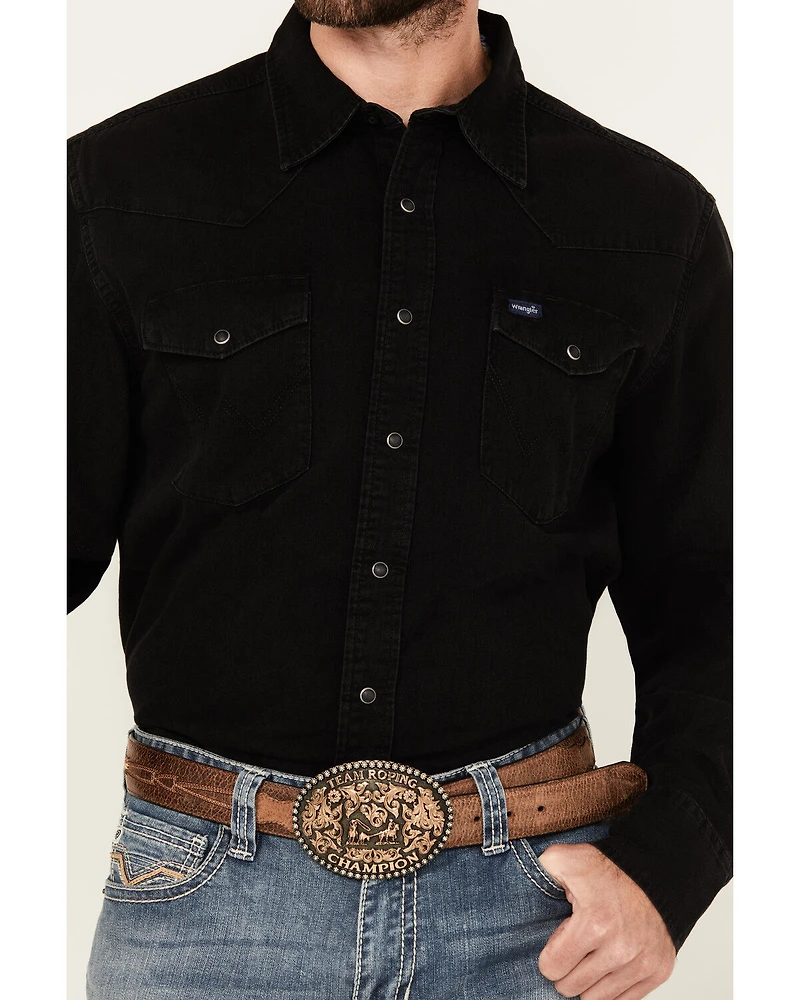 Wrangler Men's Solid Long Sleeve Snap Denim Western Shirt