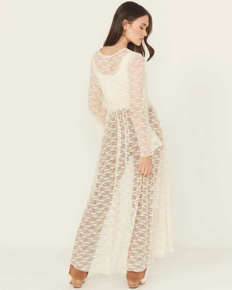 Originality Women's Lace Bell Sleeve Tie Kimono