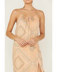 Wild Moss Women's Satin Printed Keyhole Slip Midi Dress