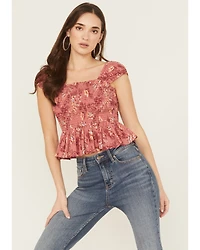 Rock & Roll Denim Women's Floral Print Sleeveless Smocked Top