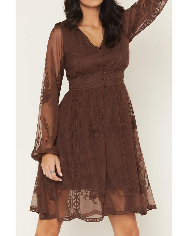 Shyanne Women's Embroidered Mesh Long Sleeve Button Front Mini Dress