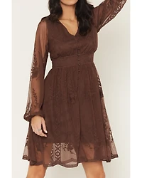 Shyanne Women's Embroidered Mesh Long Sleeve Button Front Mini Dress