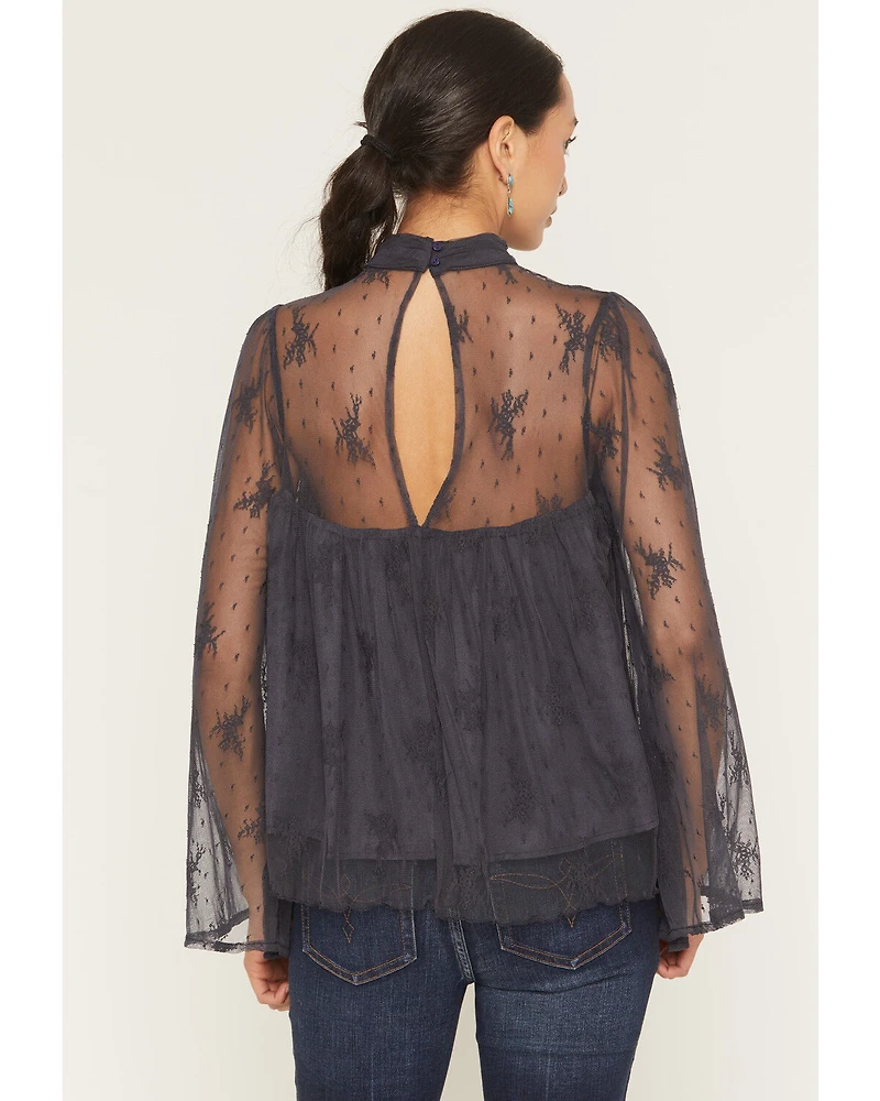 By Together Women's Mock Neck Lace Long Sleeve Top