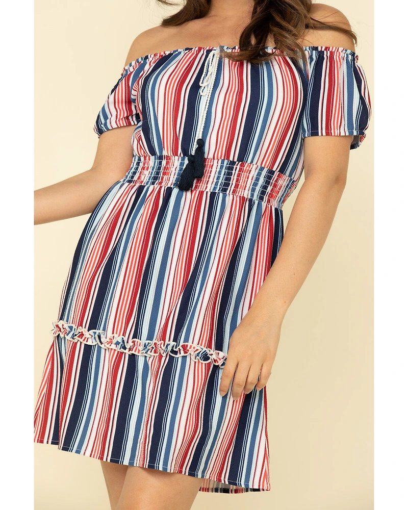 Rock & Roll Denim Women's Stripe Off The Shoulder Mini Dress