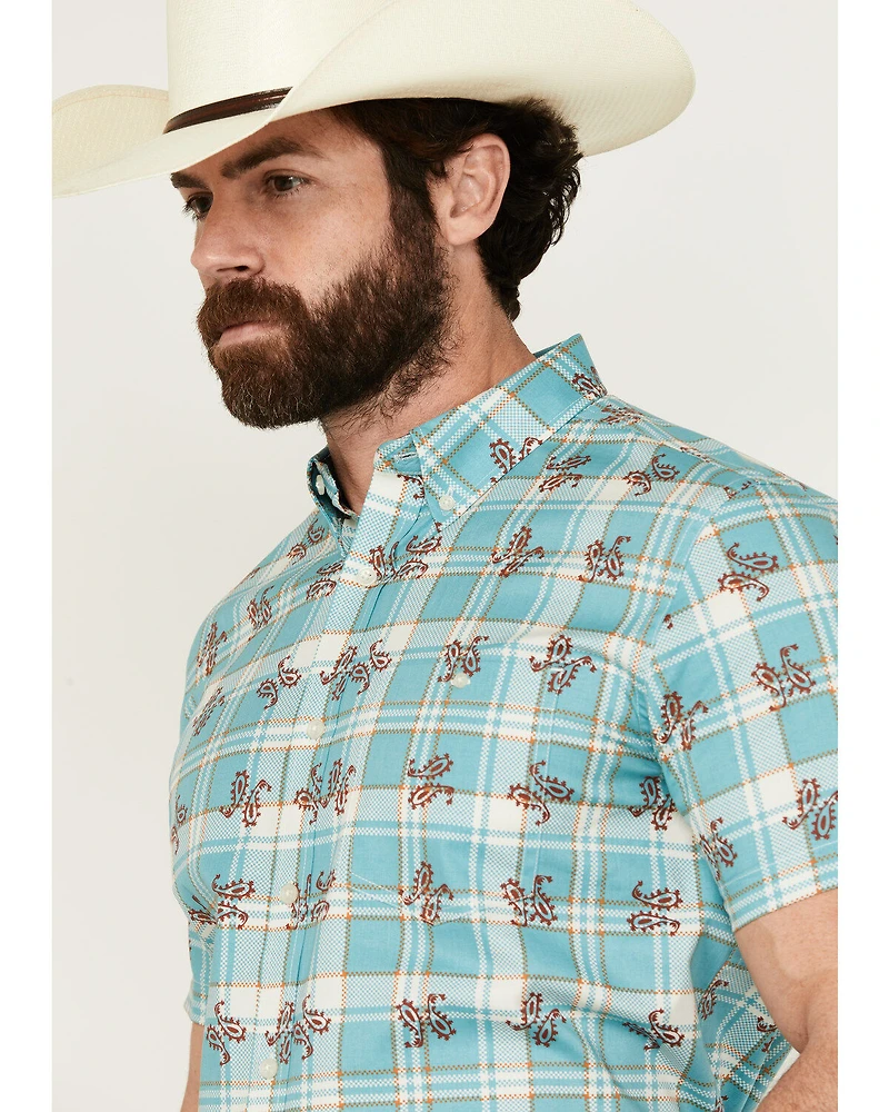 RANK 45® Men's Folklore Plaid Print Short Sleeve Button-Down Performance Stretch Western Shirt