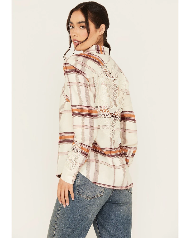 Shyanne Women's Lace Applique Plaid Print Button-Down Flannel Shirt